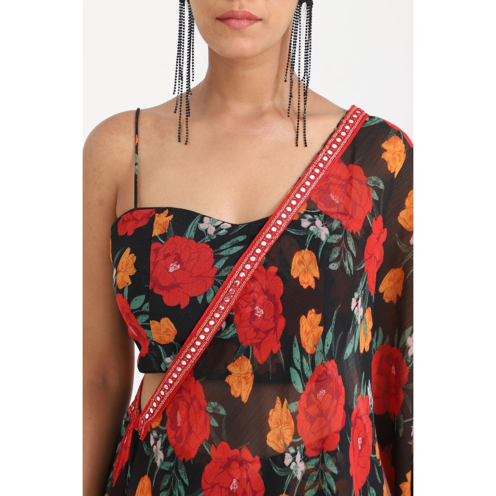 Closet Aura Floral Printed Sharara with Cape & Bustier (Set of 3)