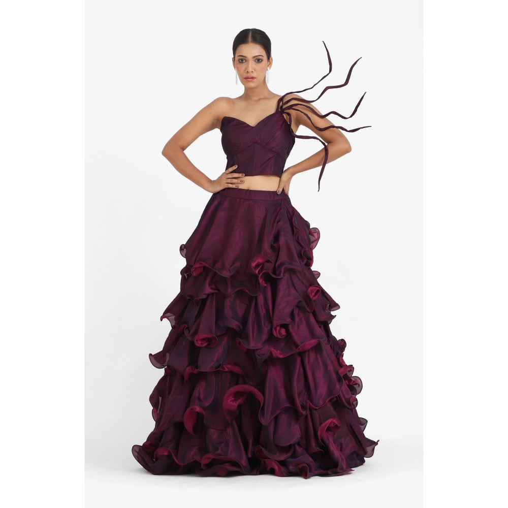 Closet Aura Solid Wine Lehenga with Blouse (Set of 2)