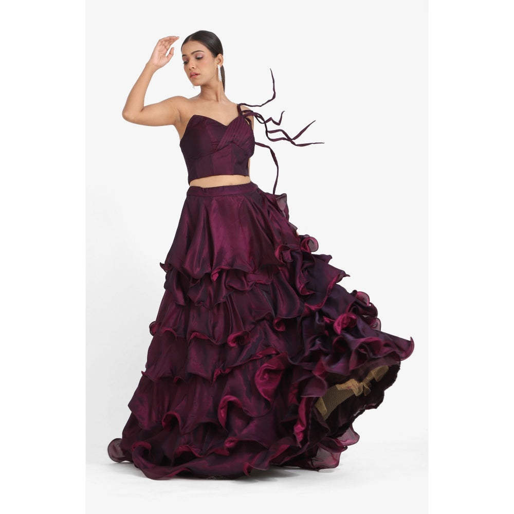 Closet Aura Solid Wine Lehenga with Blouse (Set of 2)