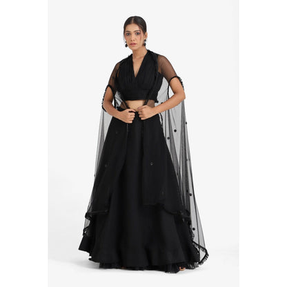 Closet Aura Solid Black Lehenga & Blouse with Shrug (Set of 3)