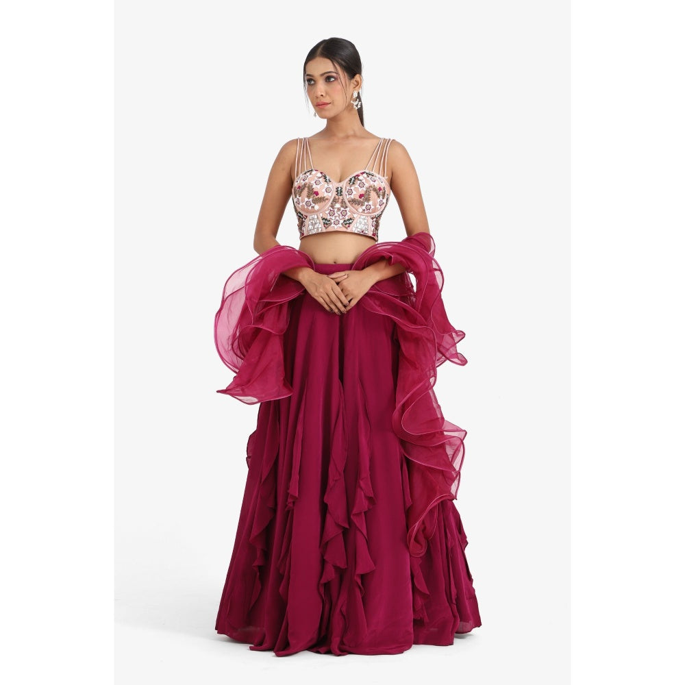Closet Aura Embroidered Lehenga & Blouse with Ruffle Dupatta (Set of 3)