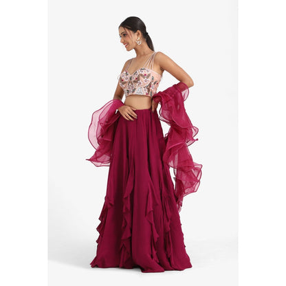 Closet Aura Embroidered Lehenga & Blouse with Ruffle Dupatta (Set of 3)