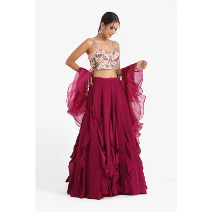 Closet Aura Embroidered Lehenga & Blouse with Ruffle Dupatta (Set of 3)