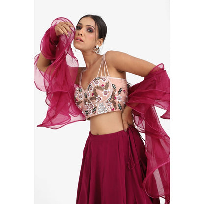 Closet Aura Embroidered Lehenga & Blouse with Ruffle Dupatta (Set of 3)