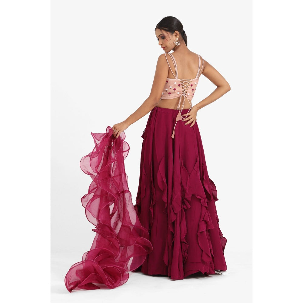 Closet Aura Embroidered Lehenga & Blouse with Ruffle Dupatta (Set of 3)