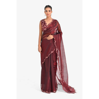 Closet Aura Wine Solid Saree with Stitched Blouse