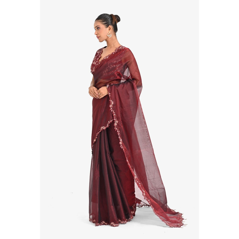 Closet Aura Wine Solid Saree with Stitched Blouse