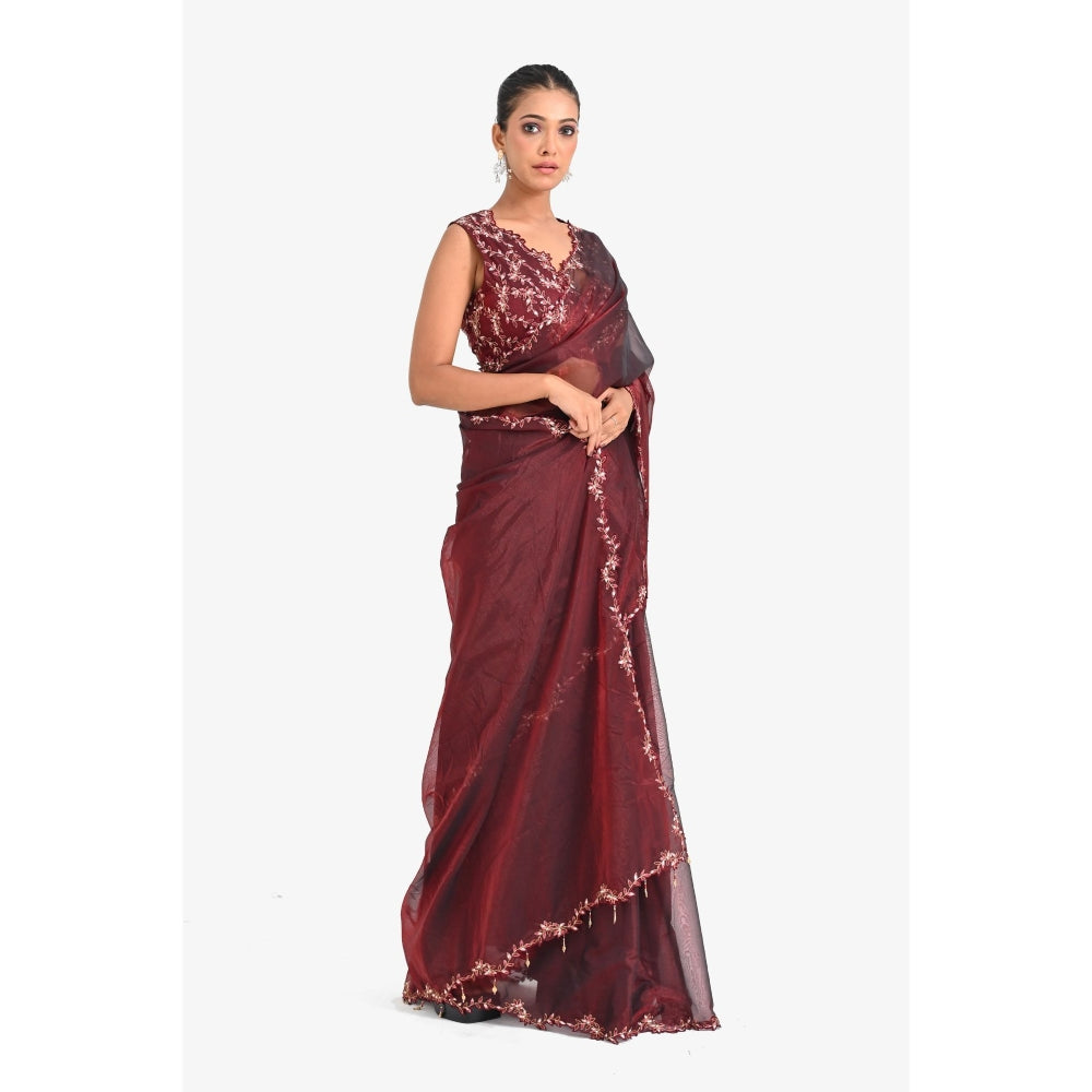 Closet Aura Wine Solid Saree with Stitched Blouse