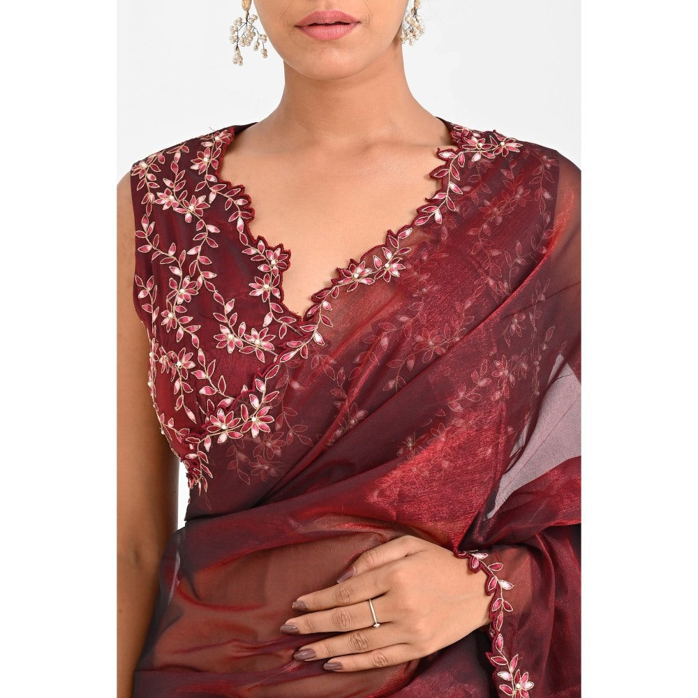 Closet Aura Wine Solid Saree with Stitched Blouse