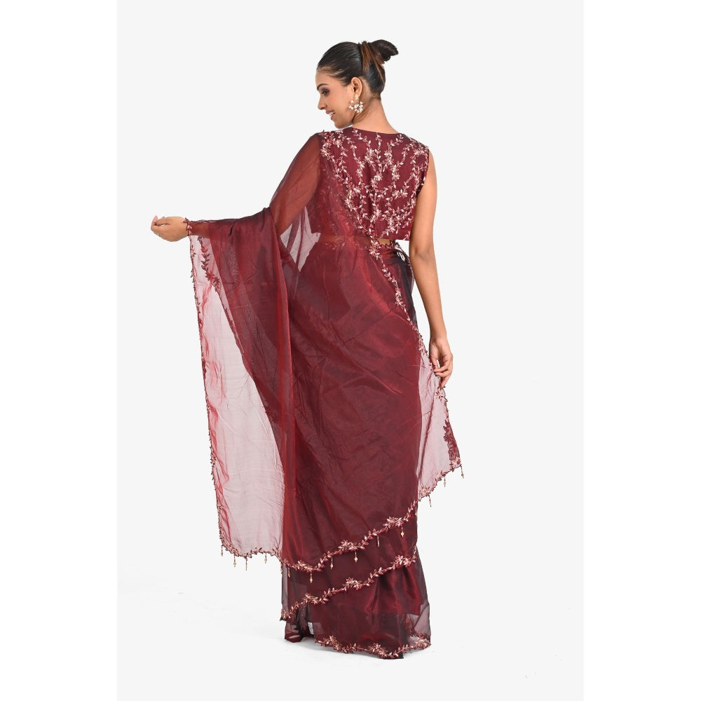Closet Aura Wine Solid Saree with Stitched Blouse