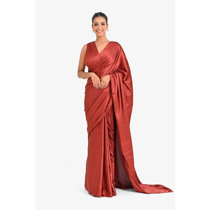 Closet Aura Rust Solid Saree with Stitched Blouse