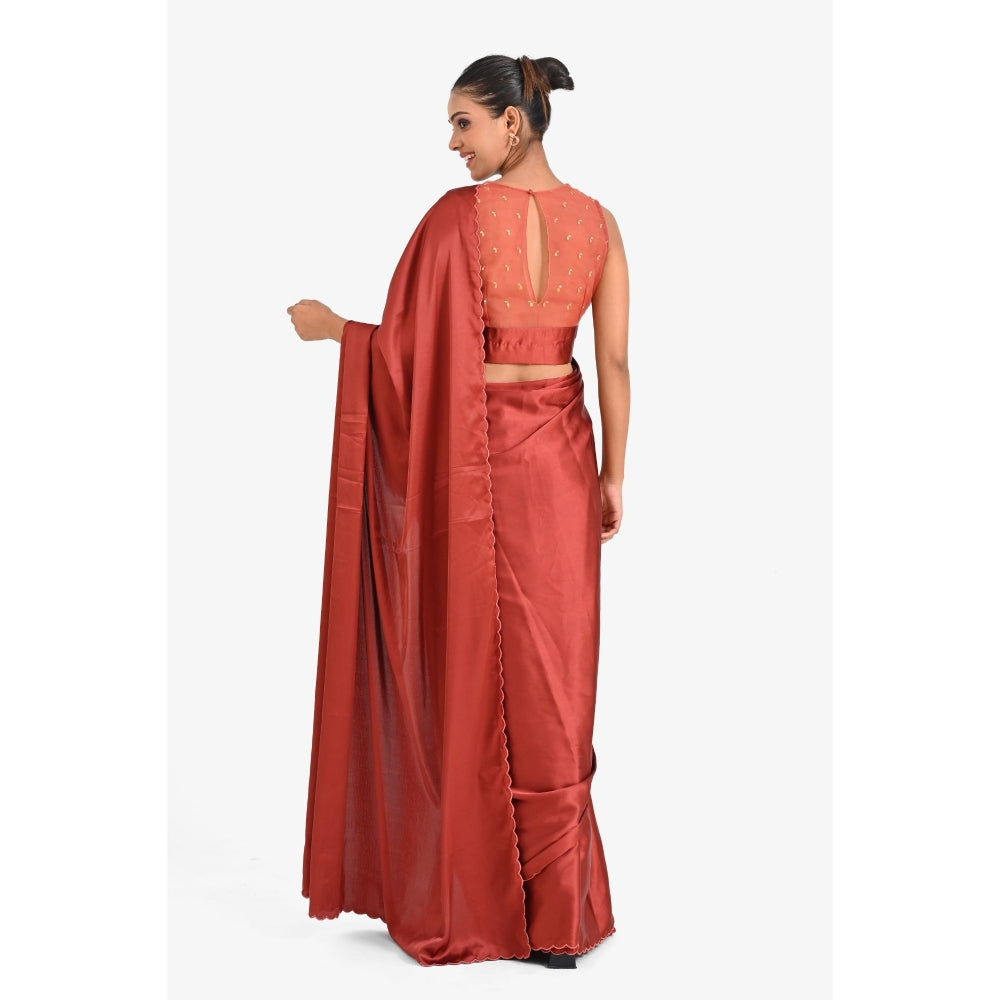 Closet Aura Rust Solid Saree with Stitched Blouse