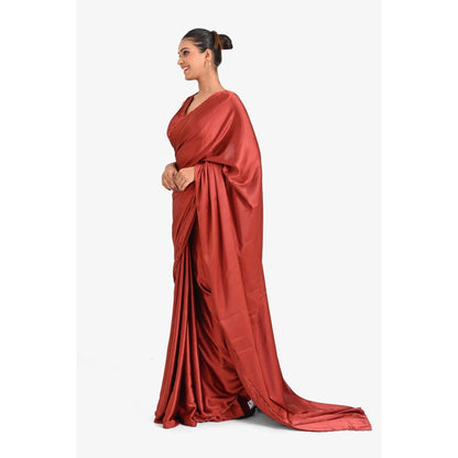 Closet Aura Rust Solid Saree with Stitched Blouse