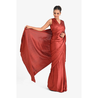 Closet Aura Rust Solid Saree with Stitched Blouse