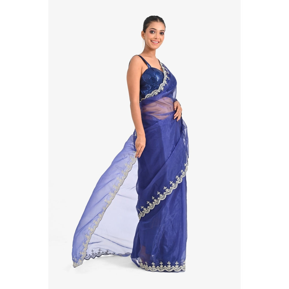 Closet Aura Blue Embroidered Saree with Stitched Blouse