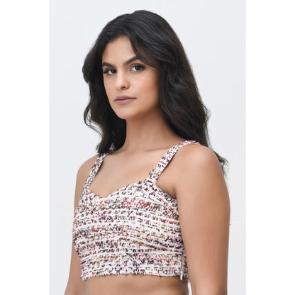 Contemponari White Velvet Textured Crop Top with Skirt and Jacket (Set of 3)