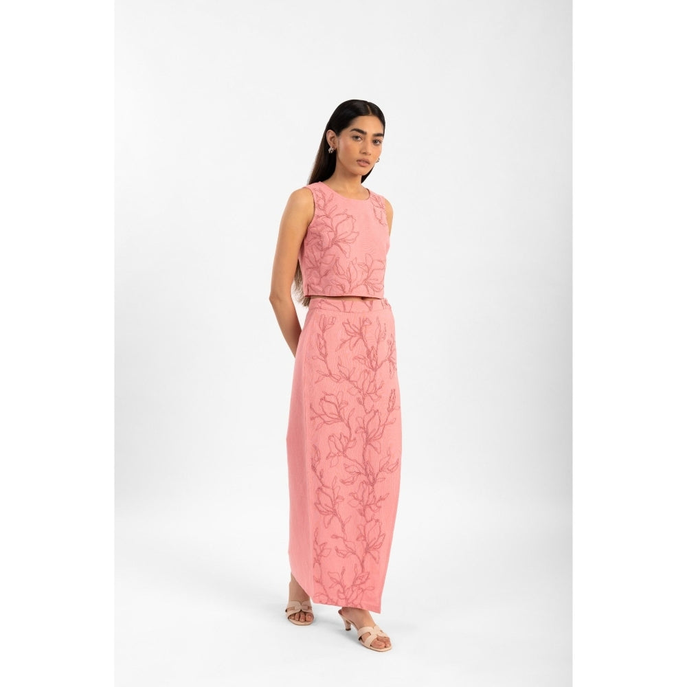 Contemponari Pink Florence Embroidered Top and Skirt (Set of 2)