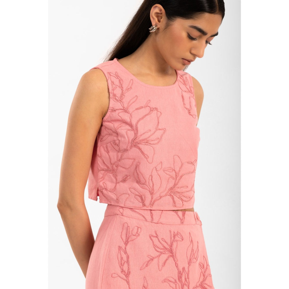 Contemponari Pink Florence Embroidered Top and Skirt (Set of 2)