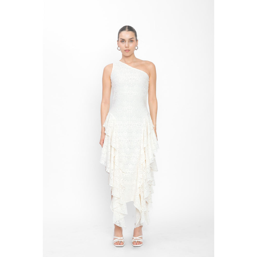 Contemponari White Embroidered Ara Maris Midi Dress