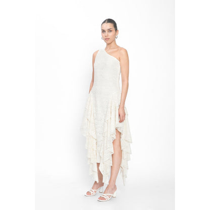 Contemponari White Embroidered Ara Maris Midi Dress