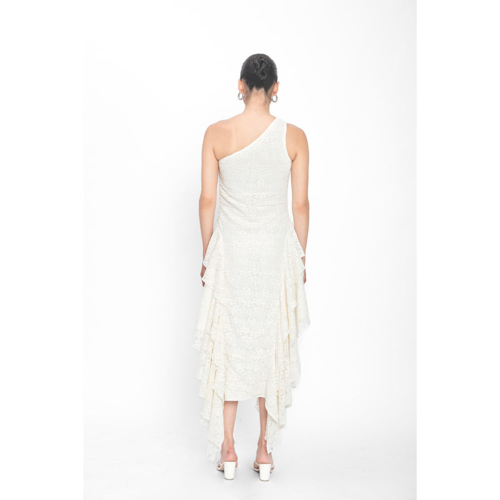 Contemponari White Embroidered Ara Maris Midi Dress