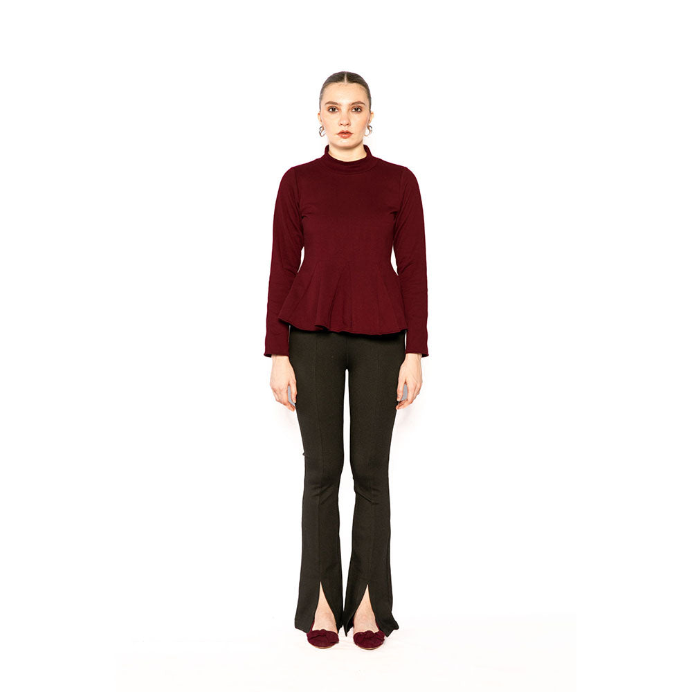 Contemponari Maroon Solid Full Sleeves Trojan Top