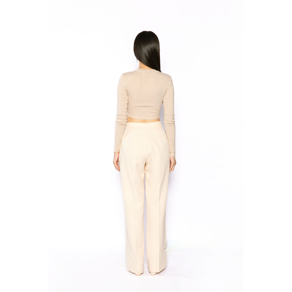 Contemponari Women Crepe Solid Beige Pant