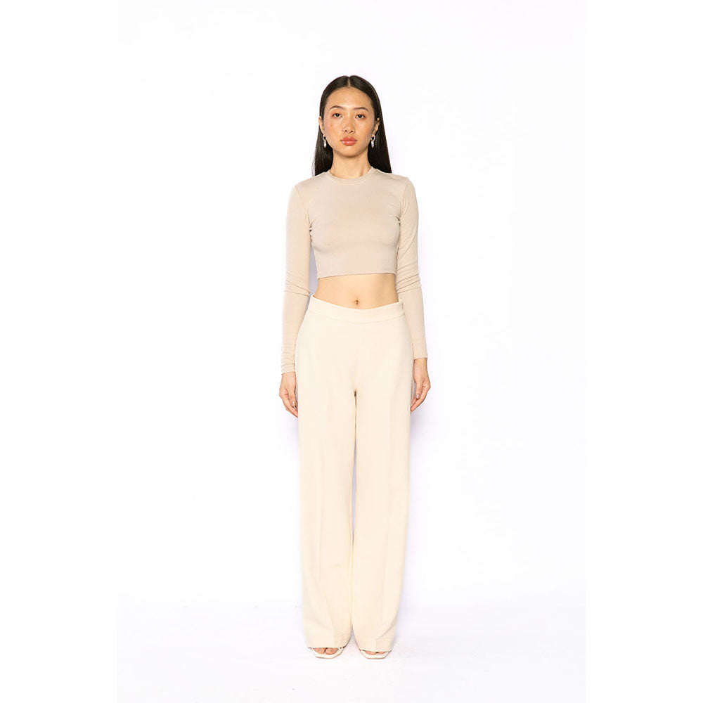 Contemponari Women Crepe Solid Beige Pant