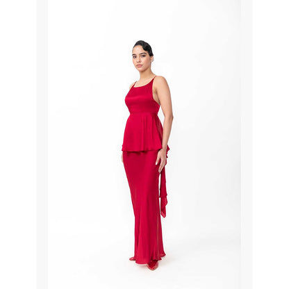 Contemponari Women Red Cotton Satin Solid Top