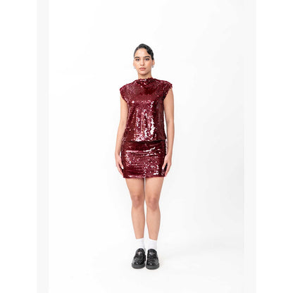 Contemponari Women Red Embellished/Sequenced Solid Top