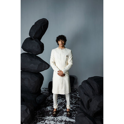 CONTRAST BY PARTH White Mirza Sherwani with Kurta & Churidar (Set of 3)