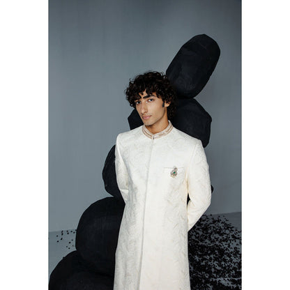 CONTRAST BY PARTH White Mirza Sherwani with Kurta & Churidar (Set of 3)