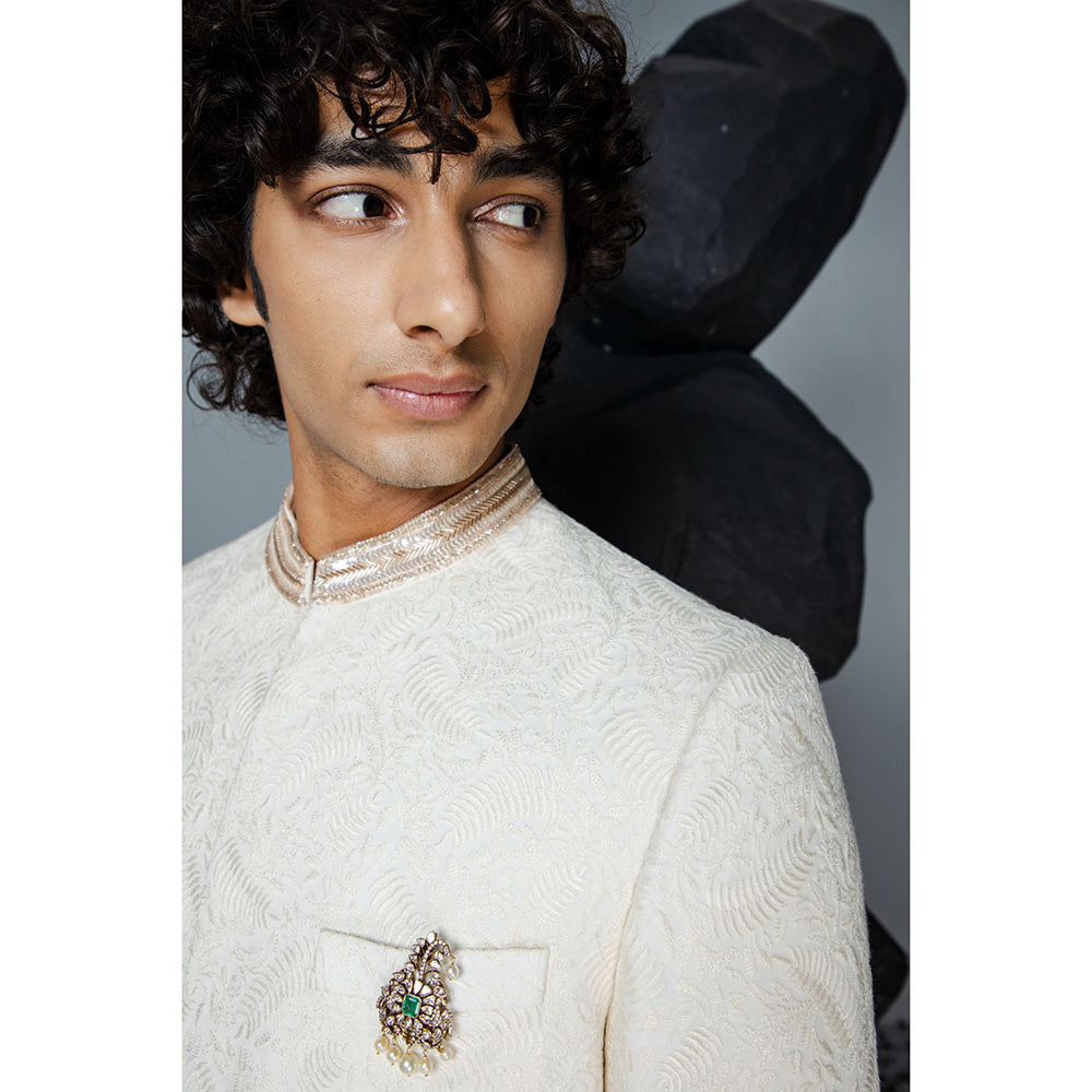 CONTRAST BY PARTH White Mirza Sherwani with Kurta & Churidar (Set of 3)