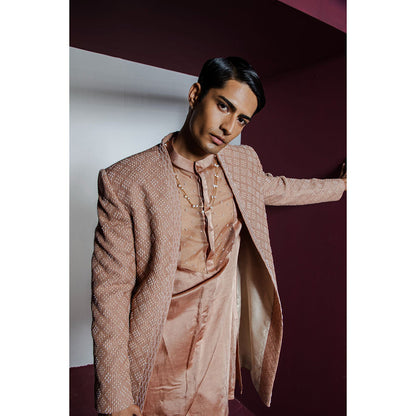 CONTRAST BY PARTH Brown Opulent Open Sherwani with Kurta & Pant (Set of 3)