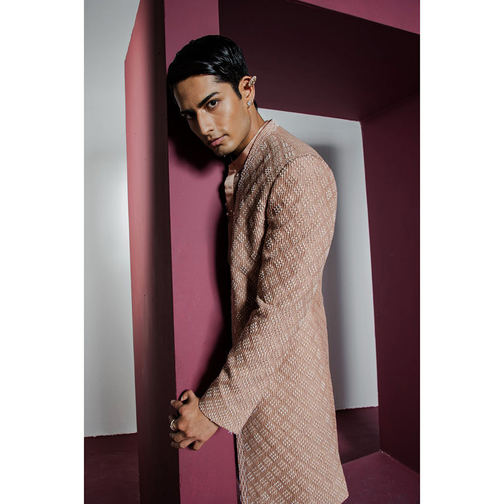 CONTRAST BY PARTH Brown Opulent Open Sherwani with Kurta & Pant (Set of 3)