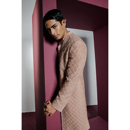 CONTRAST BY PARTH Brown Opulent Open Sherwani with Kurta & Pant (Set of 3)