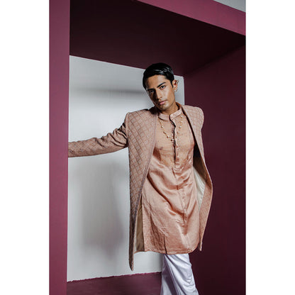 CONTRAST BY PARTH Brown Opulent Open Sherwani with Kurta & Pant (Set of 3)