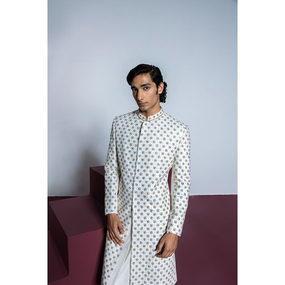 CONTRAST BY PARTH White Rose Quartz Sherwani with Kurta & Churidar (Set of 3)