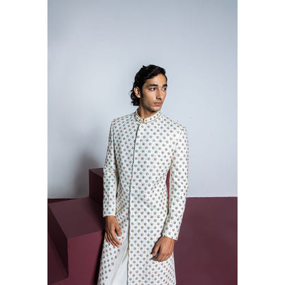 CONTRAST BY PARTH White Rose Quartz Sherwani with Kurta & Churidar (Set of 3)