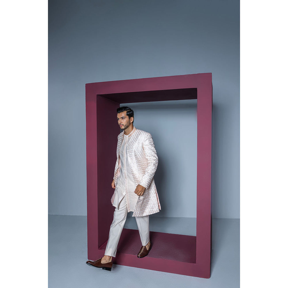 CONTRAST BY PARTH Peach Majestic Floral Open Sherwani with Kurta & Pant (Set of 3)