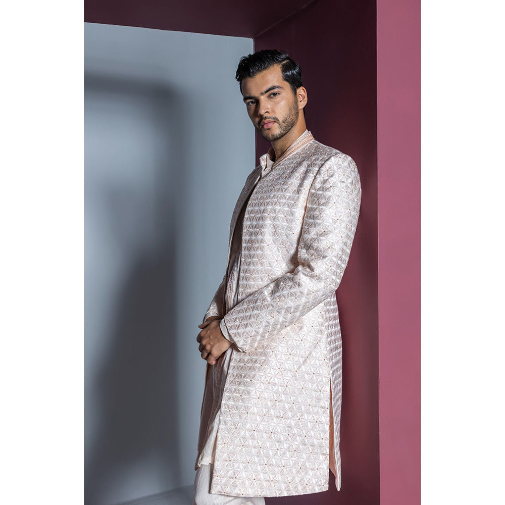 CONTRAST BY PARTH Peach Majestic Floral Open Sherwani with Kurta & Pant (Set of 3)