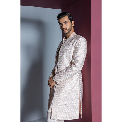 CONTRAST BY PARTH Peach Majestic Floral Open Sherwani with Kurta & Pant (Set of 3)