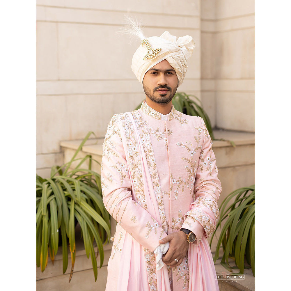 CONTRAST BY PARTH Peach Cherry Blossom Sherwani Set (Set of 5)