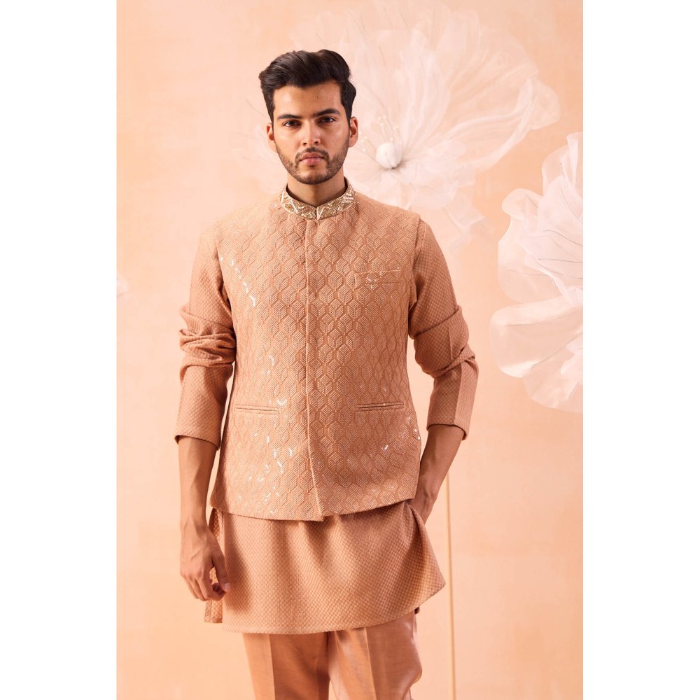 CONTRAST BY PARTH Peach Moondust Nehru Jacket with Kurta and Pant (Set of 3)