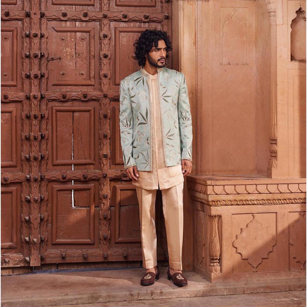 CONTRAST BY PARTH Green Sage Velvet Patch Jacket with Kurta and Pant (Set of 3)