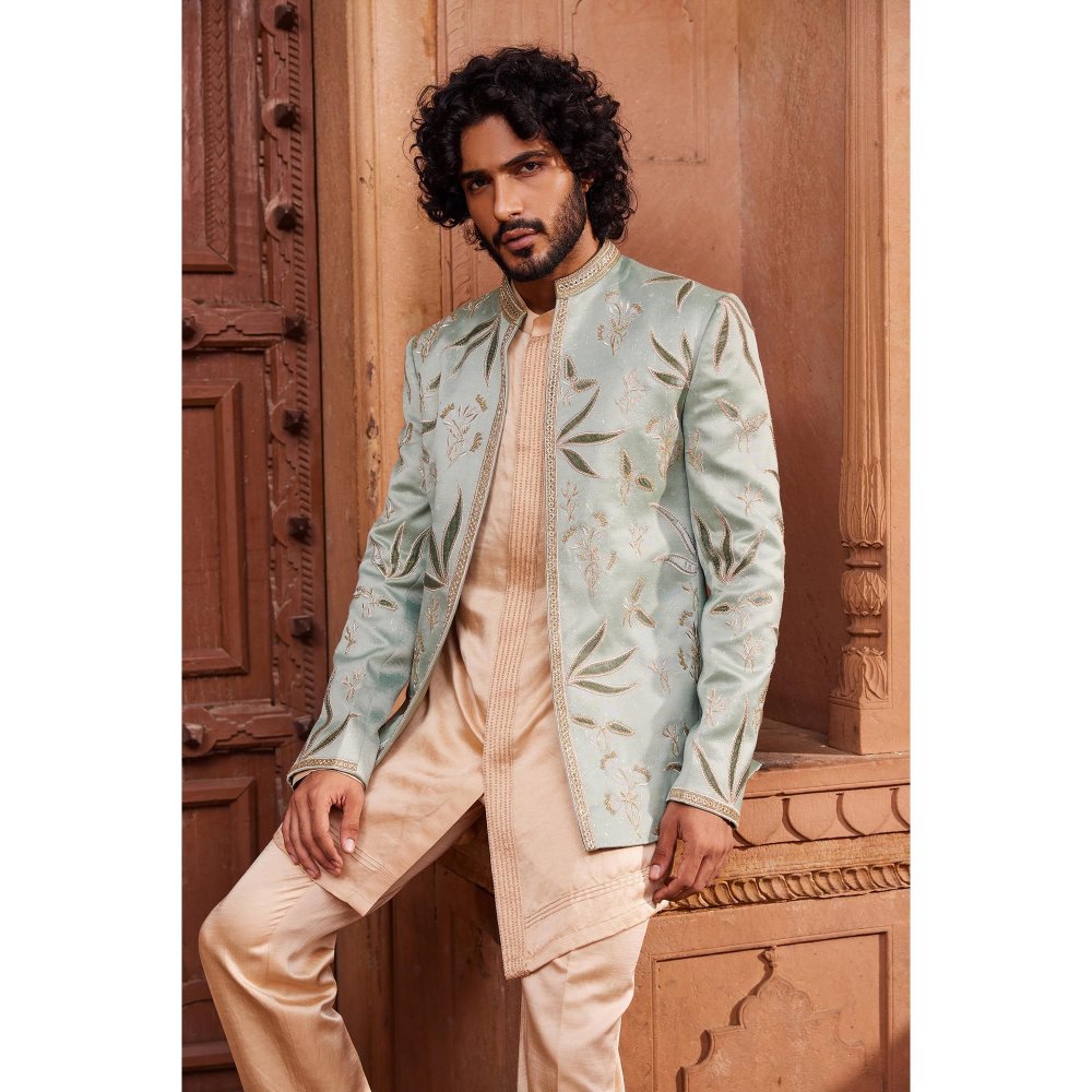CONTRAST BY PARTH Green Sage Velvet Patch Jacket with Kurta and Pant (Set of 3)