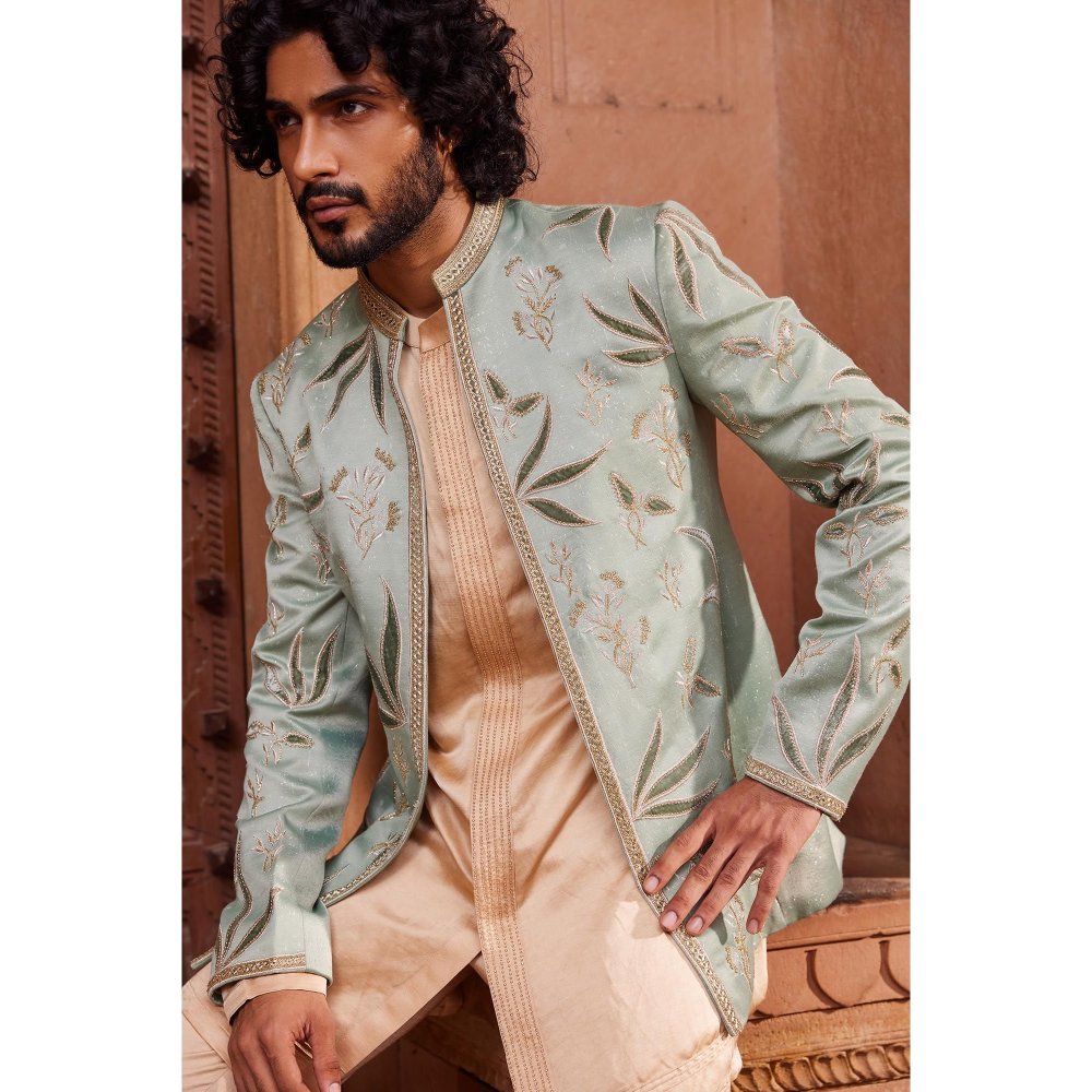 CONTRAST BY PARTH Green Sage Velvet Patch Jacket with Kurta and Pant (Set of 3)