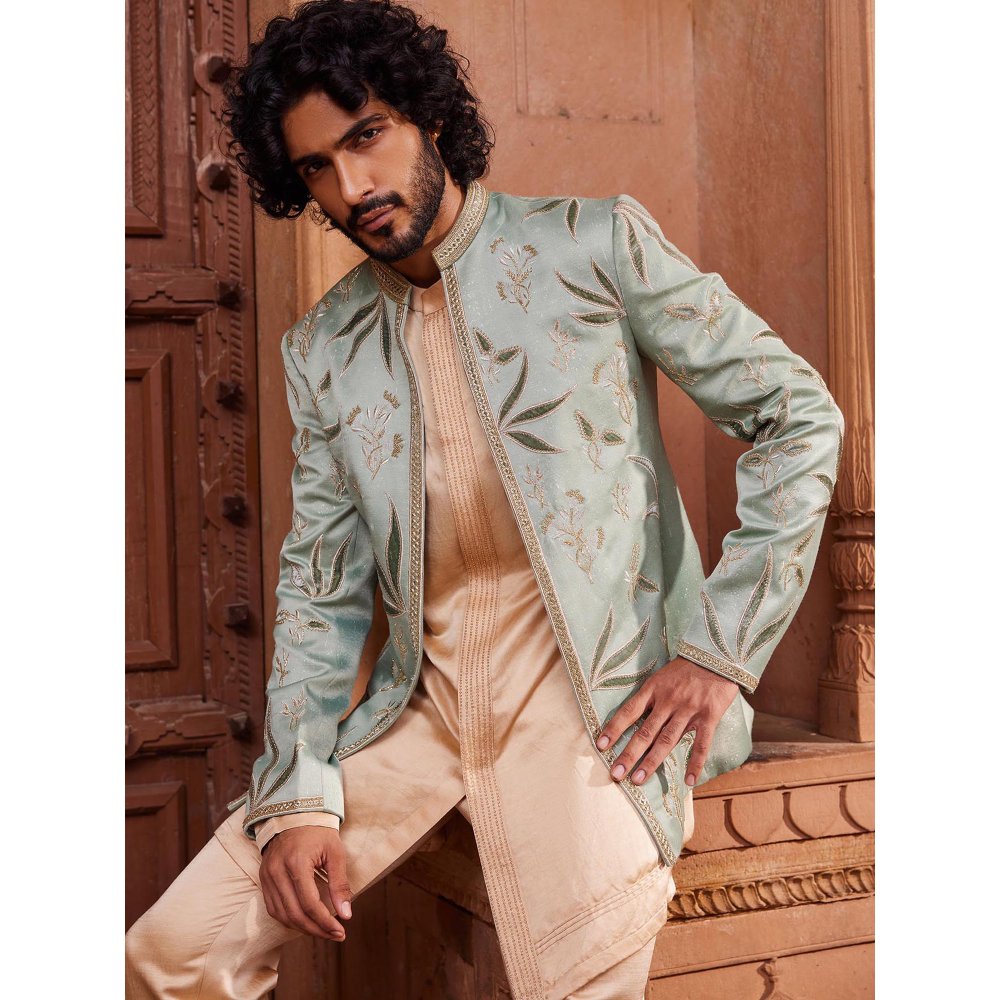 CONTRAST BY PARTH Green Sage Velvet Patch Jacket with Kurta and Pant (Set of 3)
