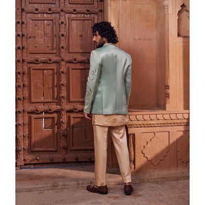 CONTRAST BY PARTH Green Sage Velvet Patch Jacket with Kurta and Pant (Set of 3)