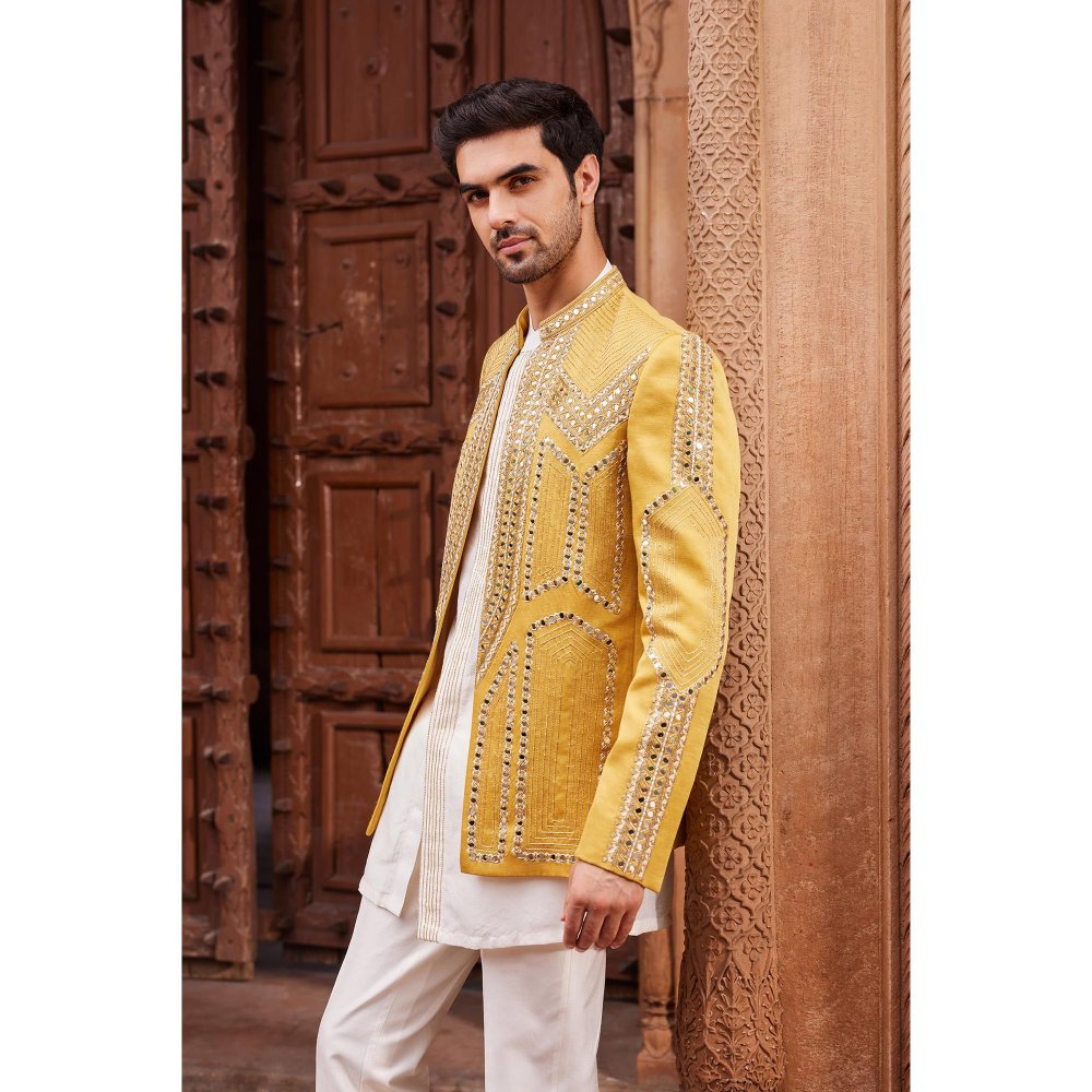 CONTRAST BY PARTH Yellow Seerat Jacket with Kurta and Pant (Set of 3)